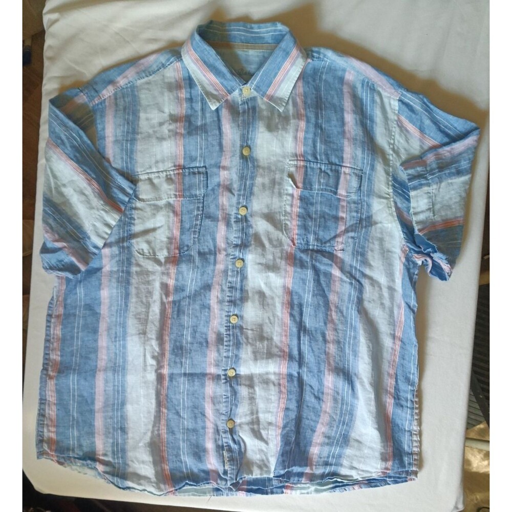 Tommy Bahamas Shirt Men XL Blue Casual Button Up 100% Linen Short Sleeve Stripe